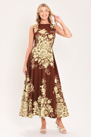 A sleeveless A-line midi dress in dark brown/burnt terracotta with a large beige rose and floral baroque pattern | Flying Tomato