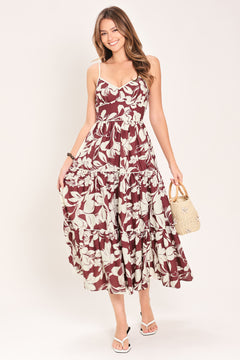 Woman wearing a floral maroon midi dress featuring cami top, waist yoke, tier skirt and smocked back bodice | Flying Tomato