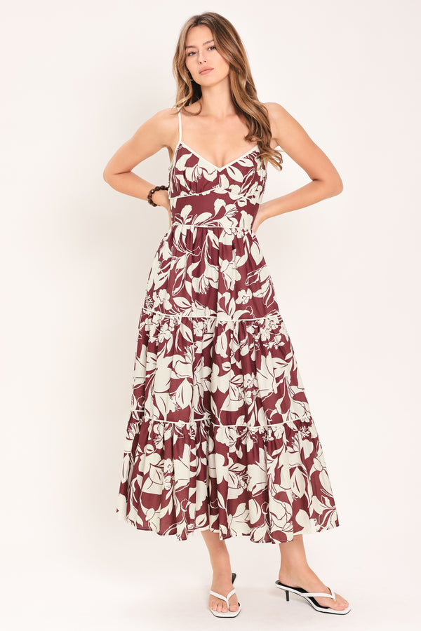 Woman wearing a floral maroon midi dress featuring cami top, waist yoke, tier skirt and smocked back bodice | Flying Tomato