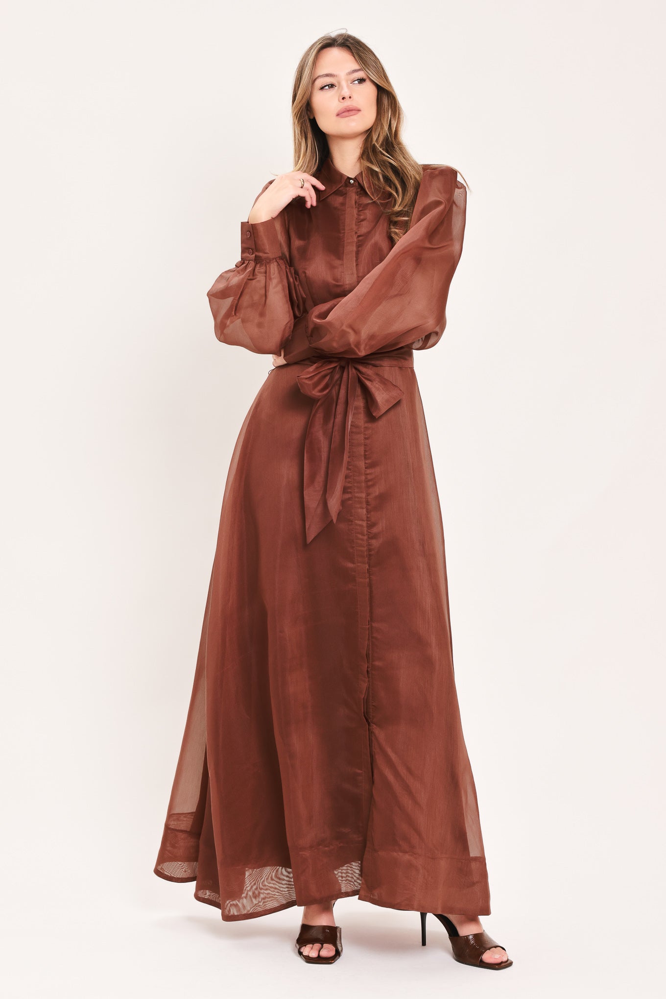 A woman wearing a rust-brown maxi dress with sheer balloon sleeves, a high ruffled collar, and a matching fabric tie belt at the waist | Flying Tomato