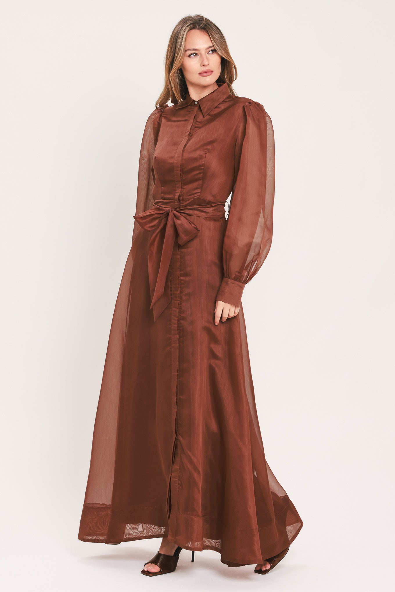 A woman wearing a rust-brown maxi dress with sheer balloon sleeves, a high ruffled collar, and a matching fabric tie belt at the waist | Flying Tomato