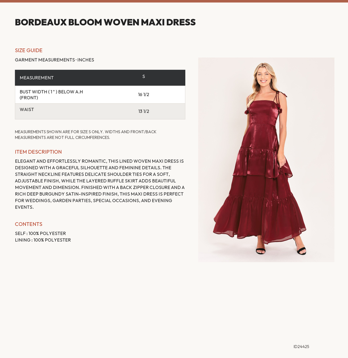 BORDEAUX BLOOM WOVEN MAXI DRESS size chart