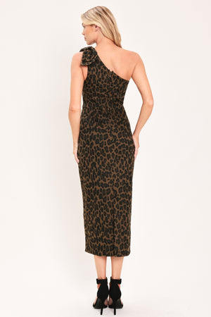 A woman modeling a one-shoulder leopard print midi dress with a oversize bow on the shoulder | Flying Tomato