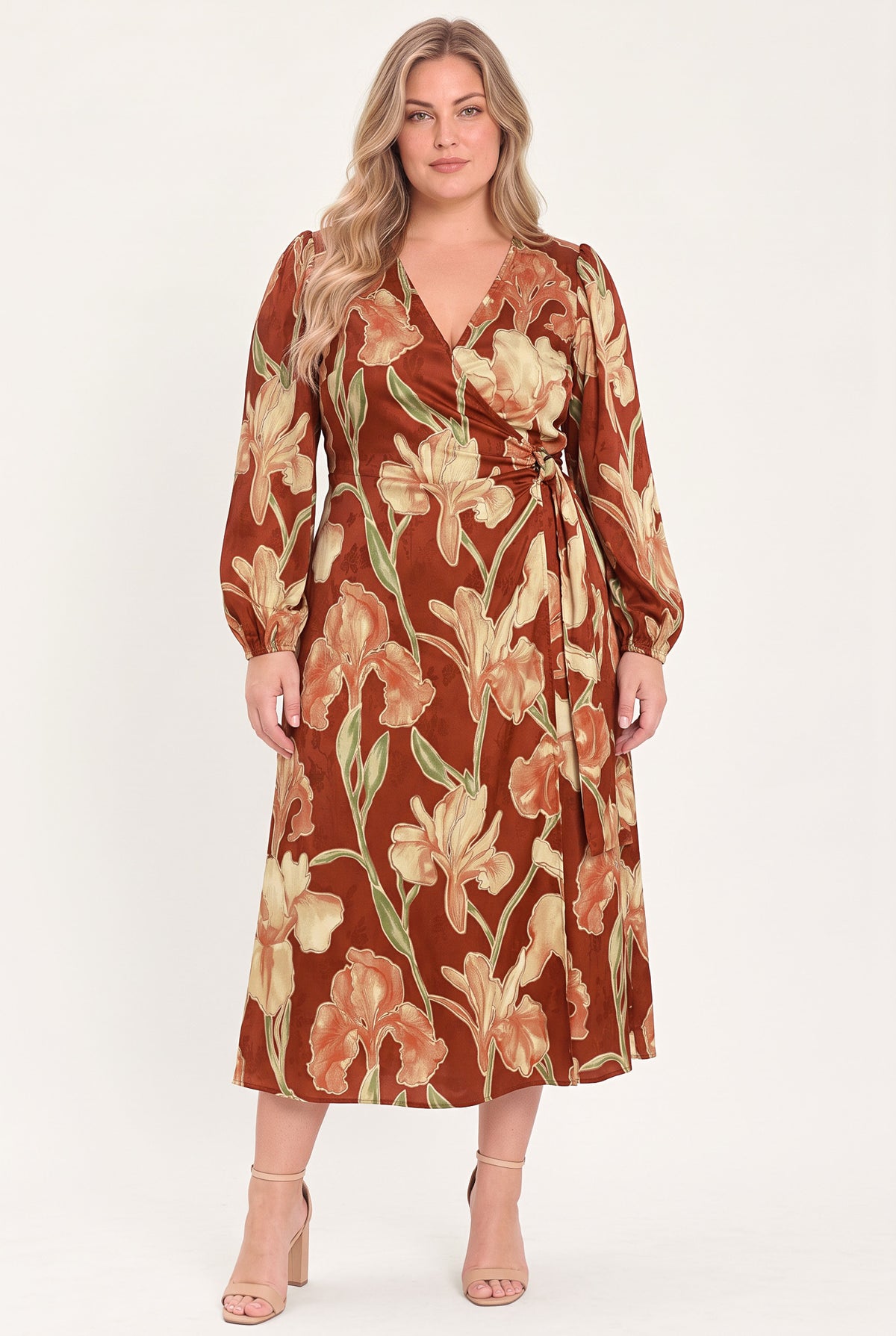 A woman modeling a long-sleeve midi wrap dress with a brown, beige, and green floral pattern | Flying Tomato