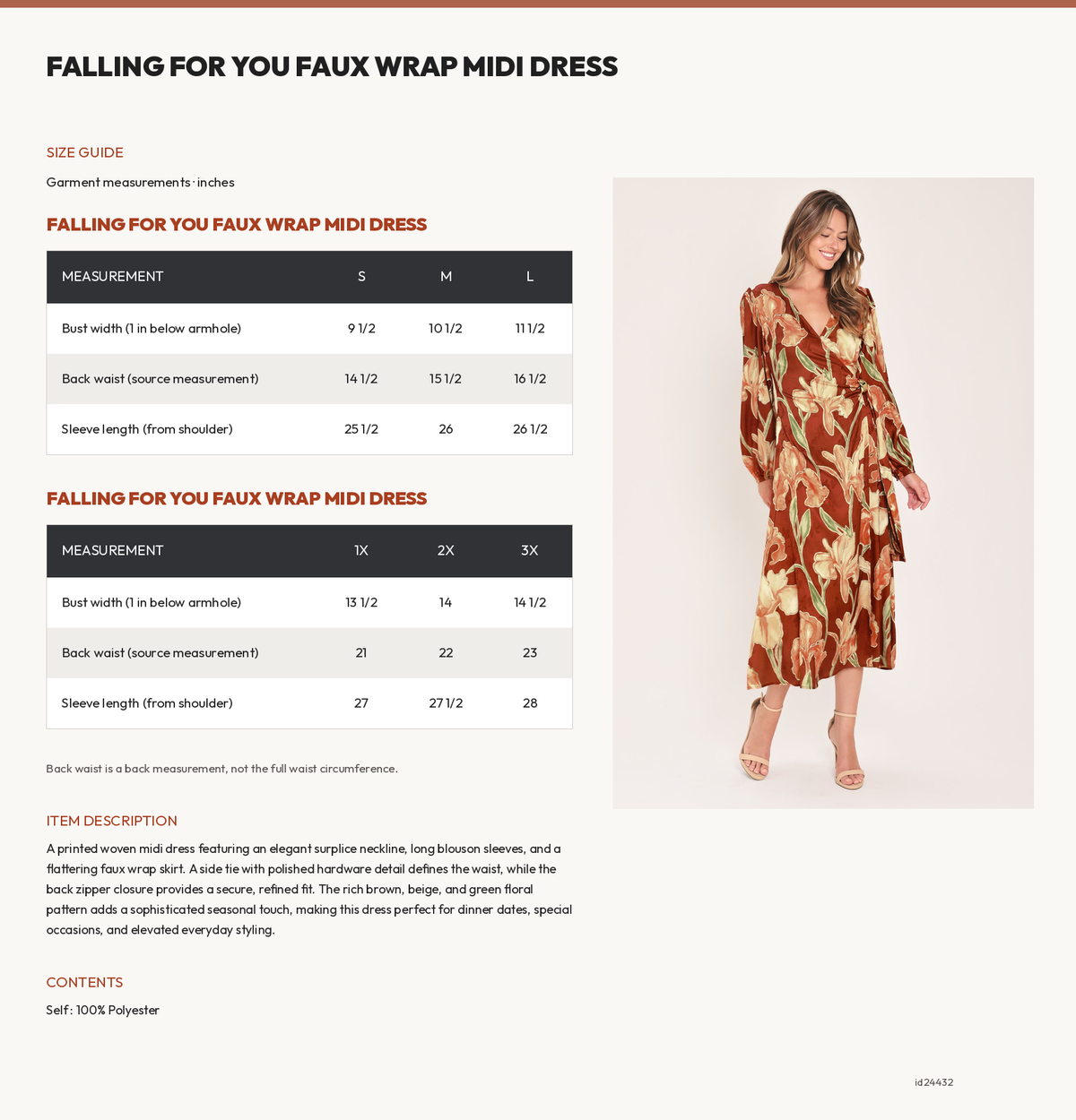 FALLING FOR YOU FAUX WRAP MIDI DRESS size chart