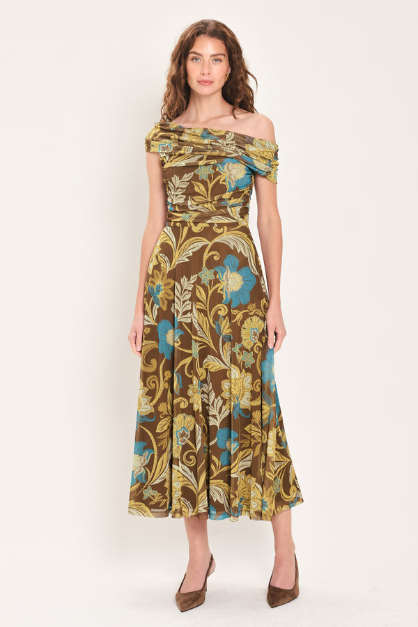 Woman wearing a brown off the shoulder mesh midi dress with teal and gold-tone floral and leaf pattern | Flying Tomato
