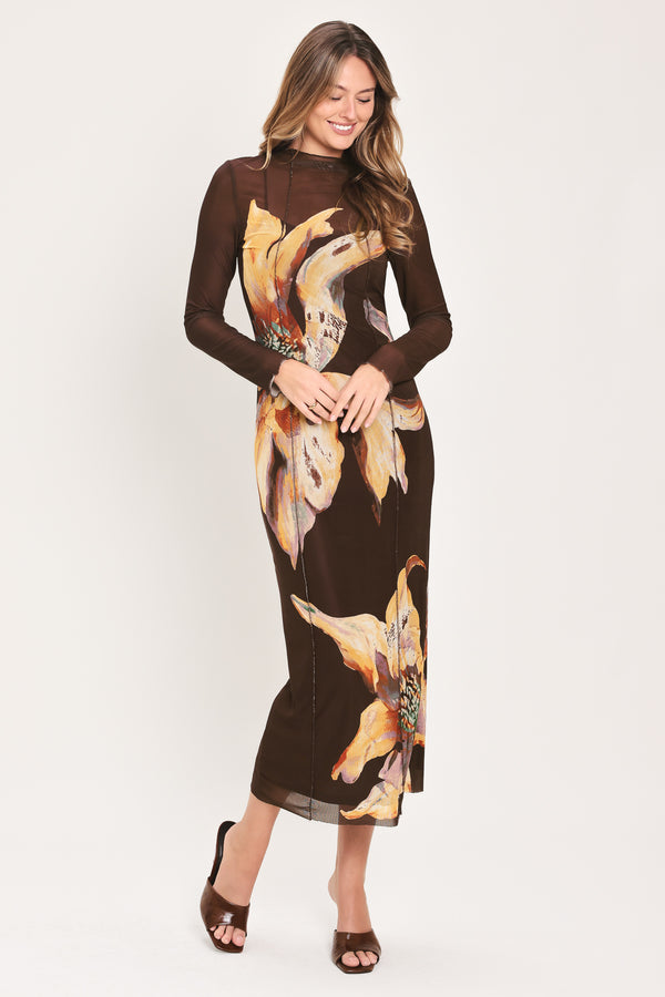 Woman wearing a brown midi mesh dress with a large floral print | Flying Tomato
