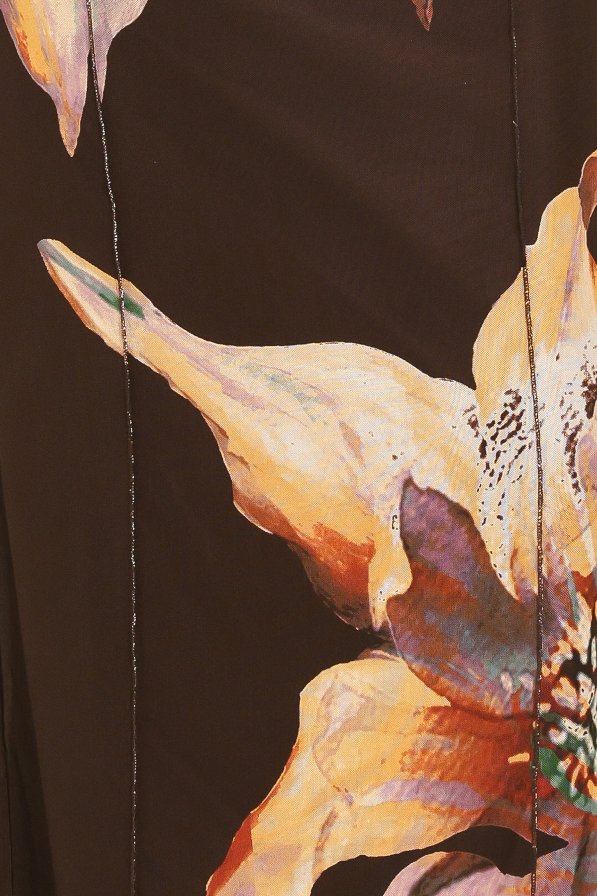 Woman wearing a brown midi mesh dress with a large floral print | Flying Tomato