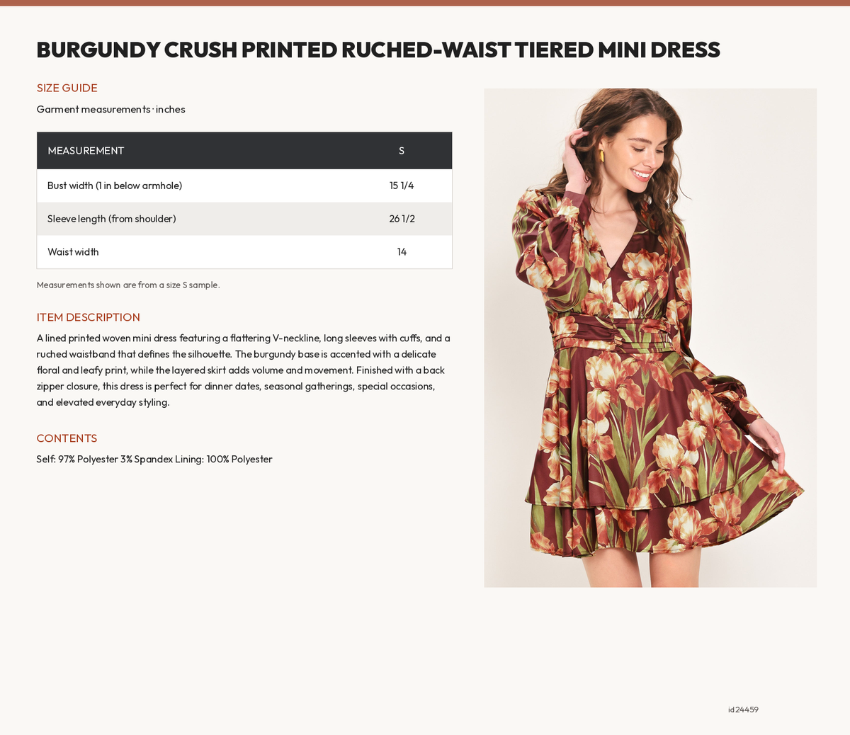 BURGUNDY CRUSH PRINTED RUCHED-WAIST TIERED MINI DRESS size chart