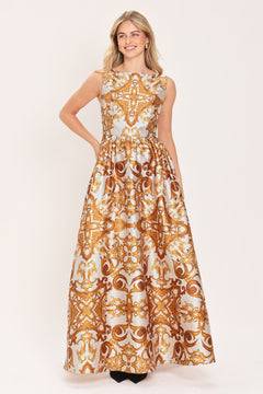 Woman wearing a boat neck sleeveless baroque print maxi dress | Flying Tomato