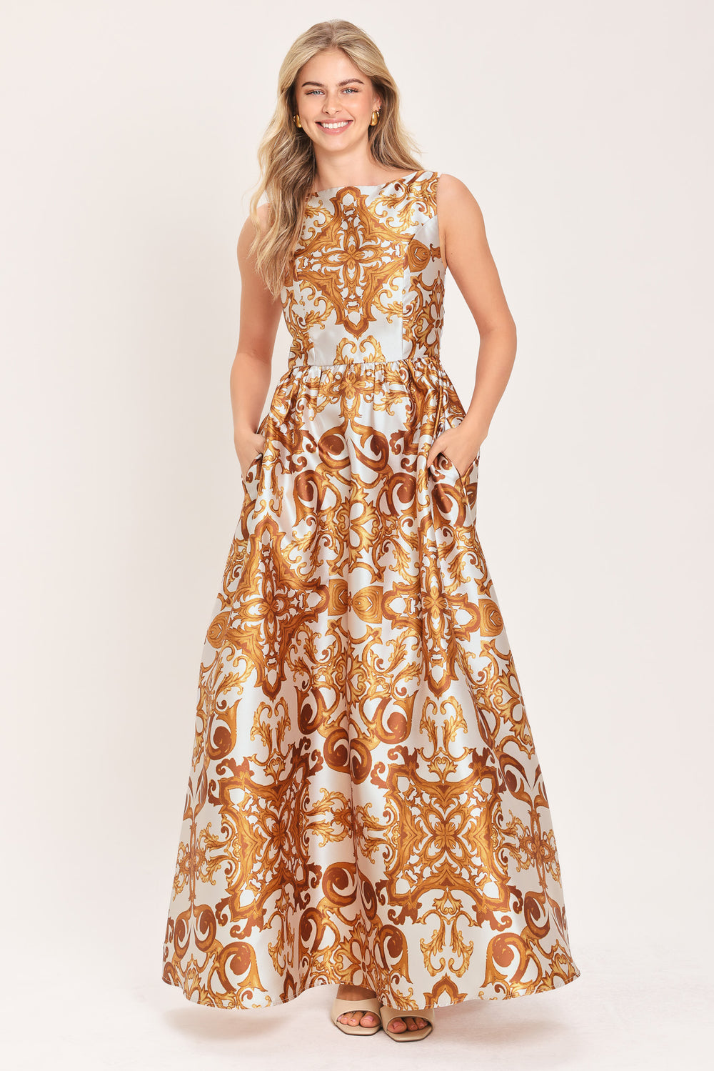Woman wearing a boat neck sleeveless baroque print maxi dress | Flying Tomato