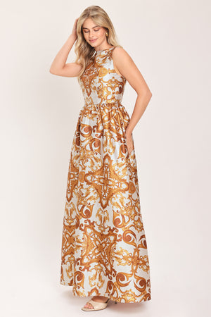 Woman wearing a boat neck sleeveless baroque print maxi dress | Flying Tomato