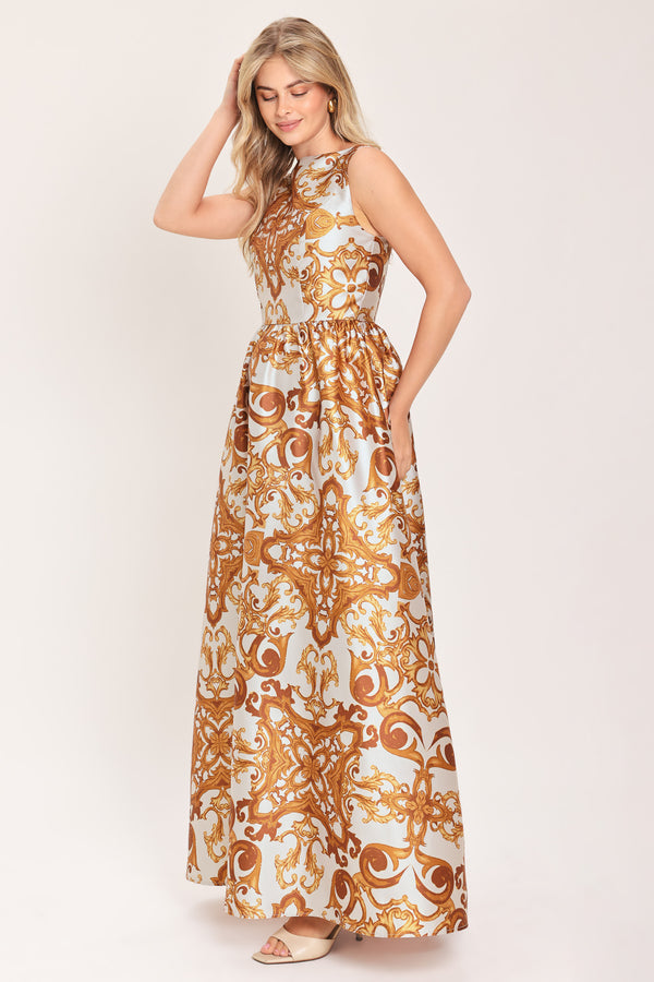Woman wearing a boat neck sleeveless baroque print maxi dress | Flying Tomato