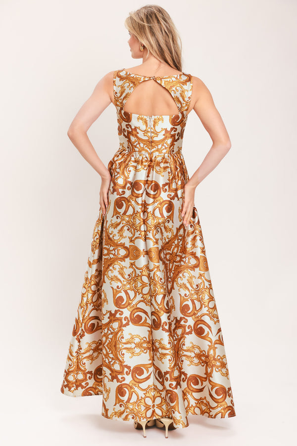 Woman wearing a boat neck sleeveless baroque print maxi dress | Flying Tomato