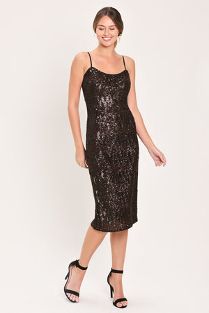 Woman wearing a sleeveless spaghetti strap dark brown sequins midi dress | Flying Tomato