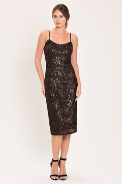 Woman wearing a sleeveless spaghetti strap dark brown sequins midi dress | Flying Tomato