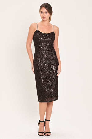 Woman wearing a sleeveless spaghetti strap dark brown sequins midi dress | Flying Tomato