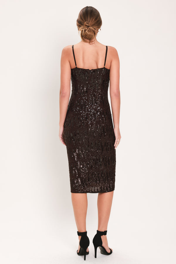 Woman wearing a sleeveless spaghetti strap dark brown sequins midi dress | Flying Tomato