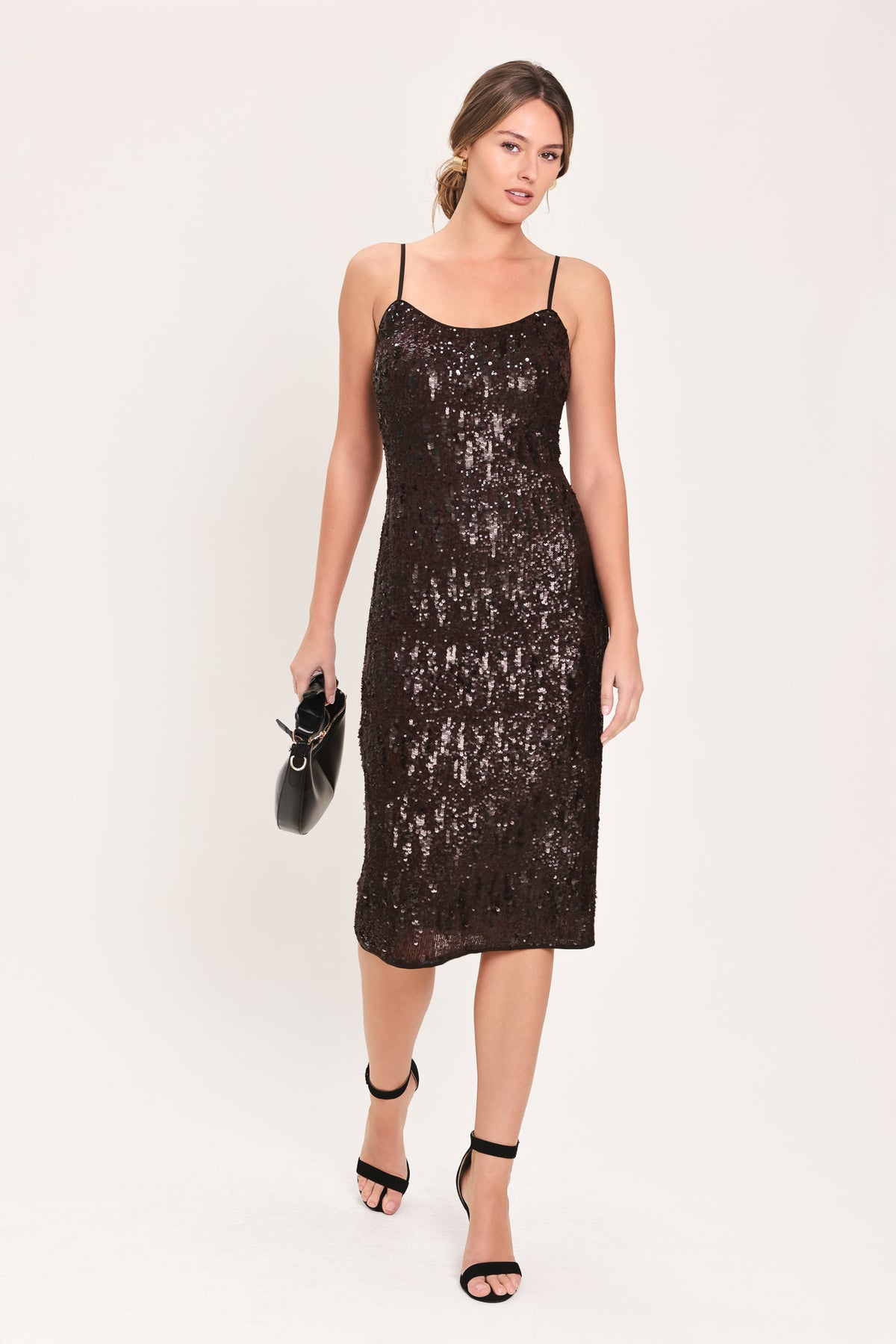 Woman wearing a sleeveless spaghetti strap dark brown sequins midi dress | Flying Tomato