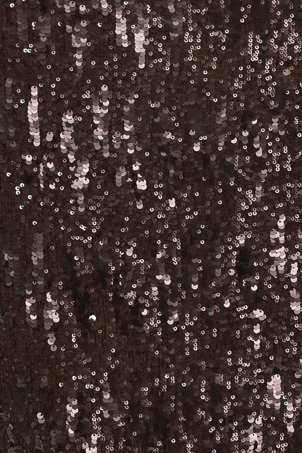 Woman wearing a sleeveless spaghetti strap dark brown sequins midi dress | Flying Tomato