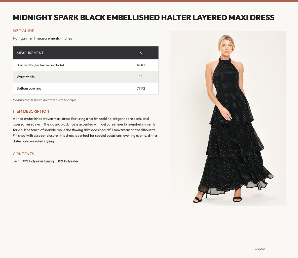 MIDNIGHT SPARK BLACK EMBELLISHED HALTER LAYERED MAXI DRESS size chart