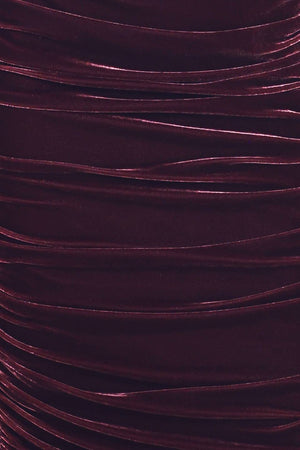 PLUM EMBRACE PLUM VELVET OFF-SHOULDER RUCHED MIDI DRESS