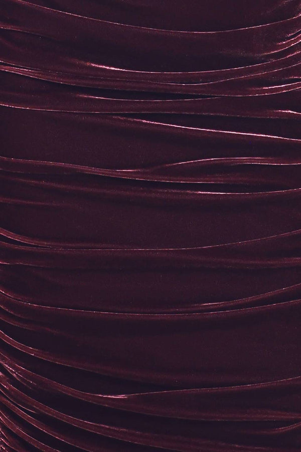 PLUM EMBRACE PLUM VELVET OFF-SHOULDER RUCHED MIDI DRESS