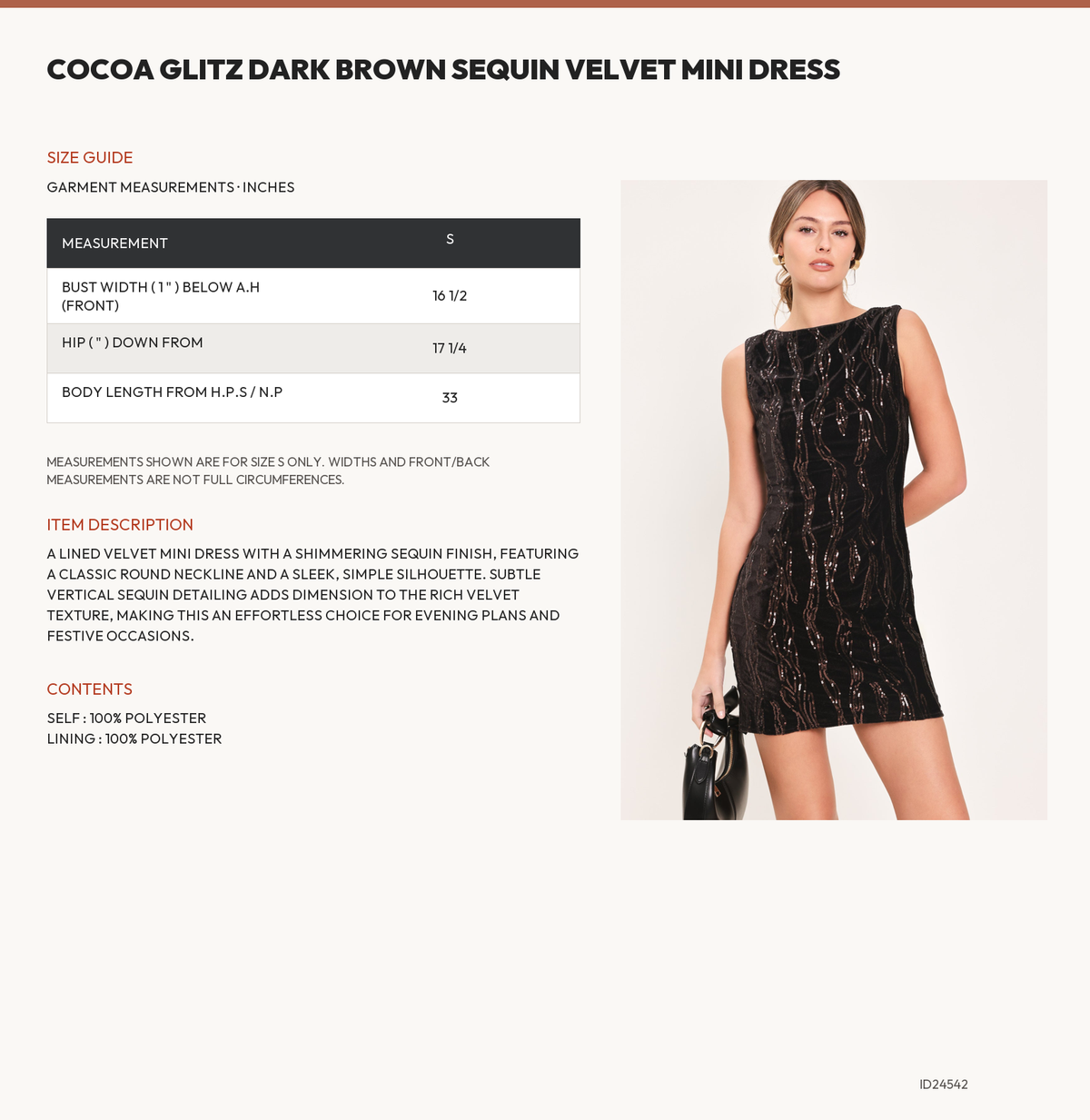 COCOA GLITZ DARK BROWN SEQUIN VELVET MINI DRESS size chart