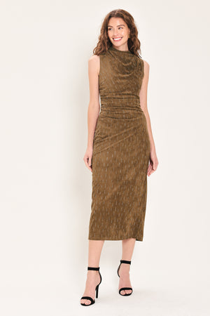 Woman wearing a walnut brown suede sleeveless midi dress with small linear rhinestone embellishments that looks like rain & a ruched waist | Flying Tomato