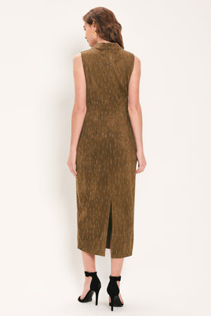 Woman wearing a walnut brown suede sleeveless midi dress with small linear rhinestone embellishments that looks like rain & a ruched waist | Flying Tomato