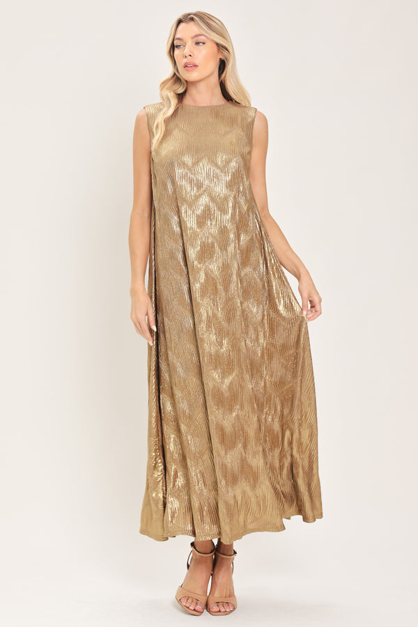 Woman wearing a sleeveless gold metallic like midi dress with dark brown suede waist belt | Flying Tomato