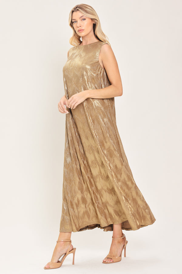 Woman wearing a sleeveless gold metallic like midi dress with dark brown suede waist belt | Flying Tomato