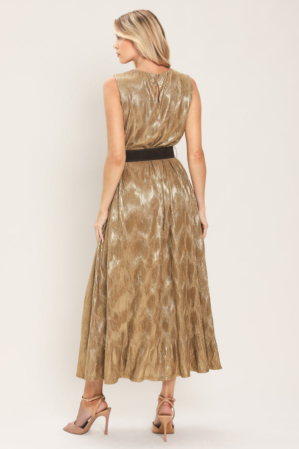 Woman wearing a sleeveless gold metallic like midi dress with dark brown suede waist belt | Flying Tomato