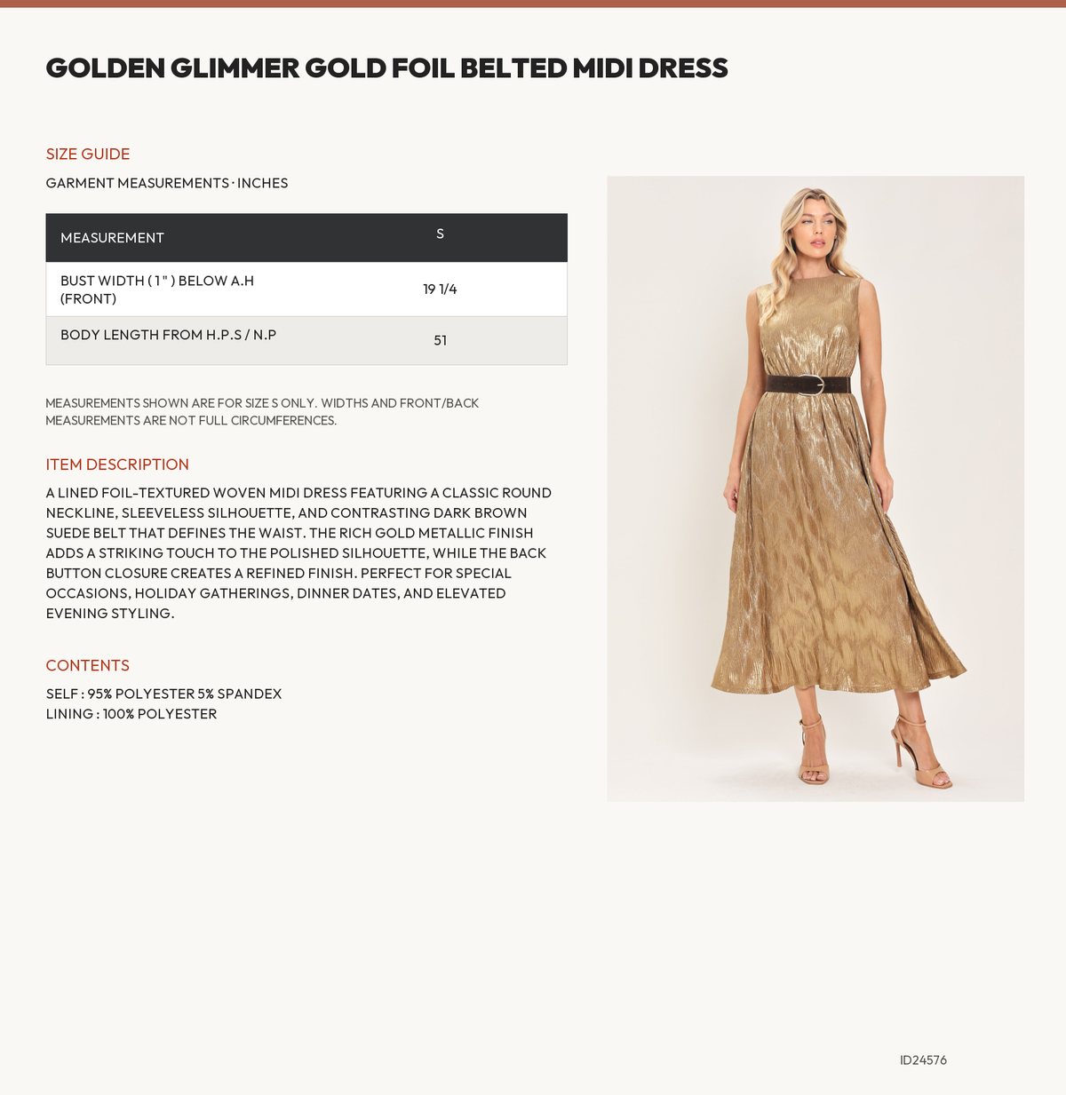 GOLDEN GLIMMER GOLD FOIL BELTED MIDI DRESS size chart