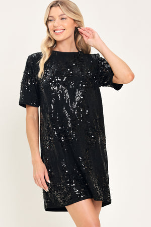 A woman modeling a short-sleeve black sequined mini dress | Flying Tomato