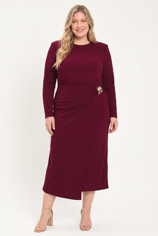 BORDEAUX SCULPT BURGUNDY GATHERED HARDWARE MIDI DRESS