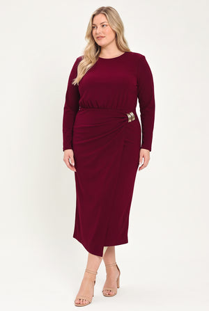 BORDEAUX SCULPT BURGUNDY GATHERED HARDWARE MIDI DRESS