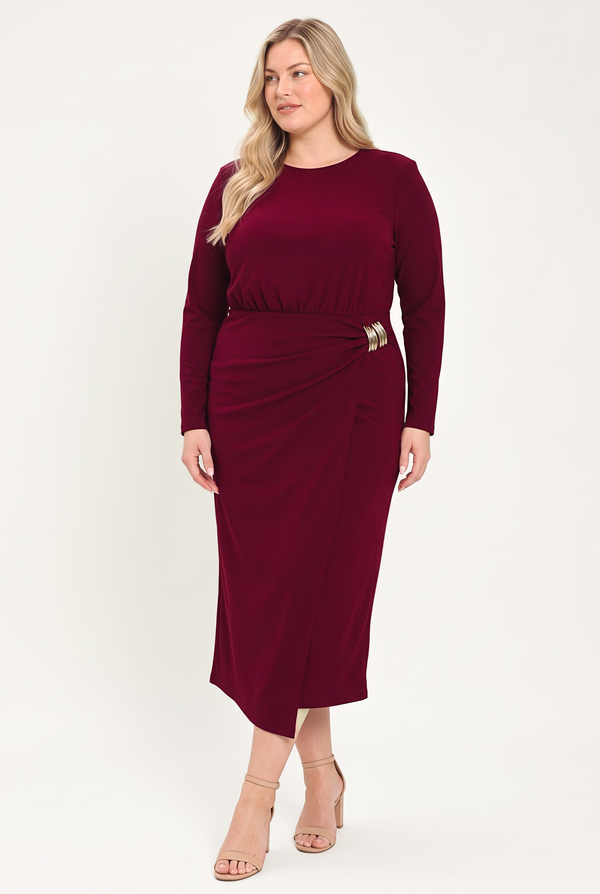 BORDEAUX SCULPT BURGUNDY GATHERED HARDWARE MIDI DRESS