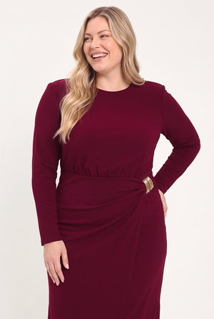 BORDEAUX SCULPT BURGUNDY GATHERED HARDWARE MIDI DRESS