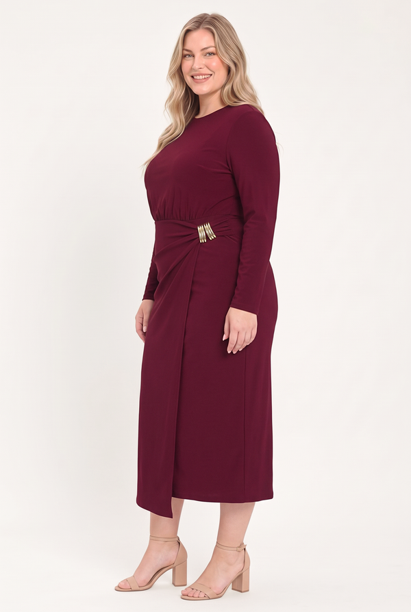 BORDEAUX SCULPT BURGUNDY GATHERED HARDWARE MIDI DRESS
