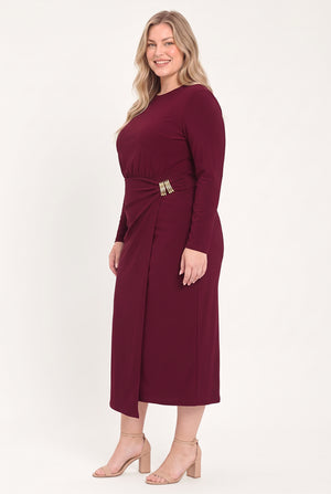 BORDEAUX SCULPT BURGUNDY GATHERED HARDWARE MIDI DRESS