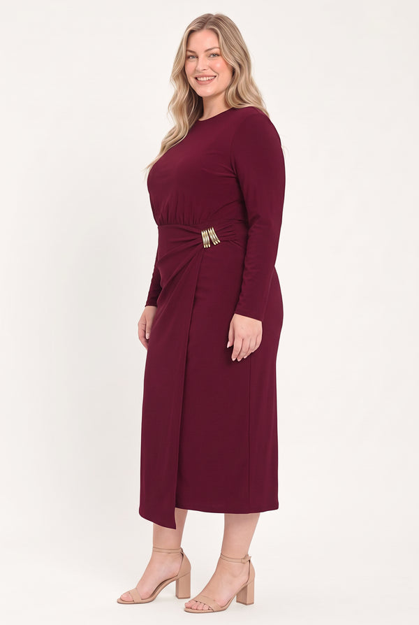 BORDEAUX SCULPT BURGUNDY GATHERED HARDWARE MIDI DRESS