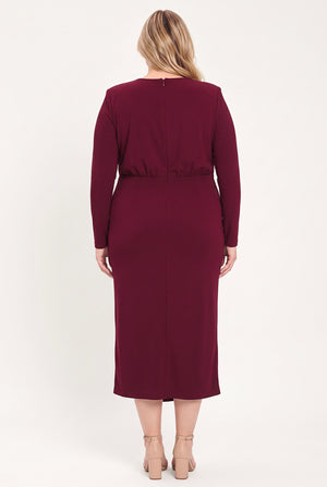 BORDEAUX SCULPT BURGUNDY GATHERED HARDWARE MIDI DRESS