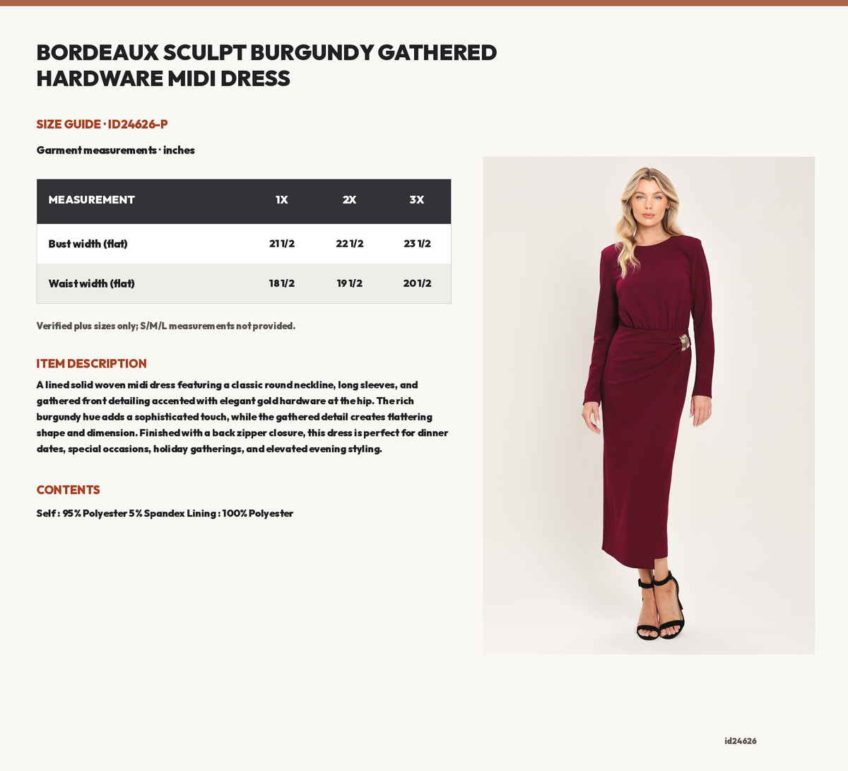 BORDEAUX SCULPT BURGUNDY GATHERED HARDWARE MIDI DRESS size chart