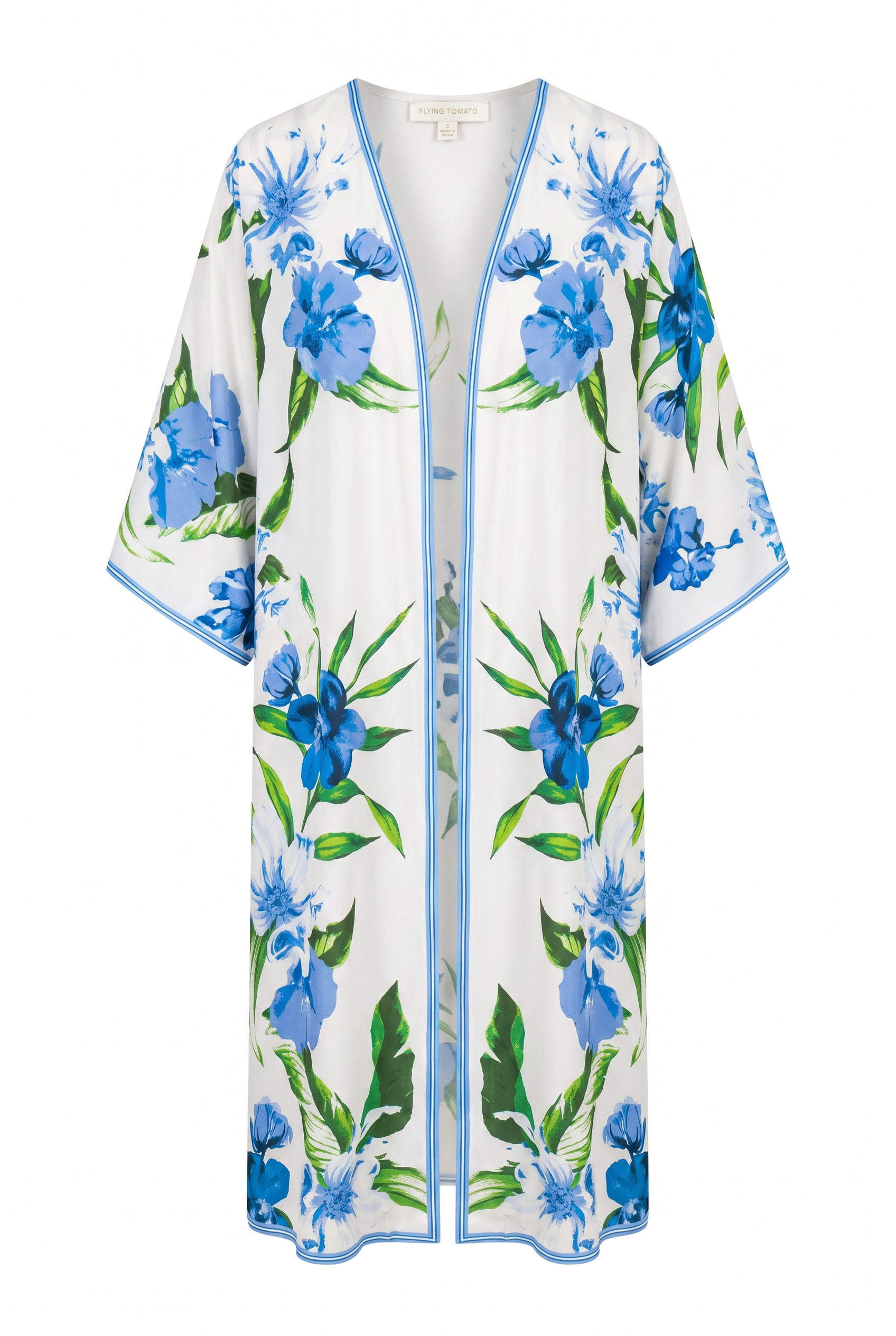 White kimoni cover up with blue floral design and white leaves | Flying Tomato