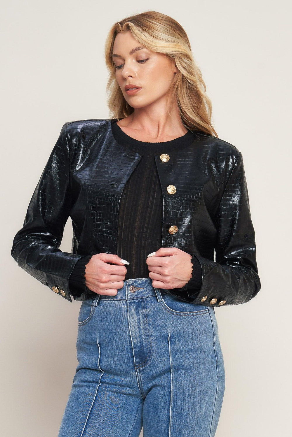AT THE START FAUX LEATHER BOLERO JACKET.