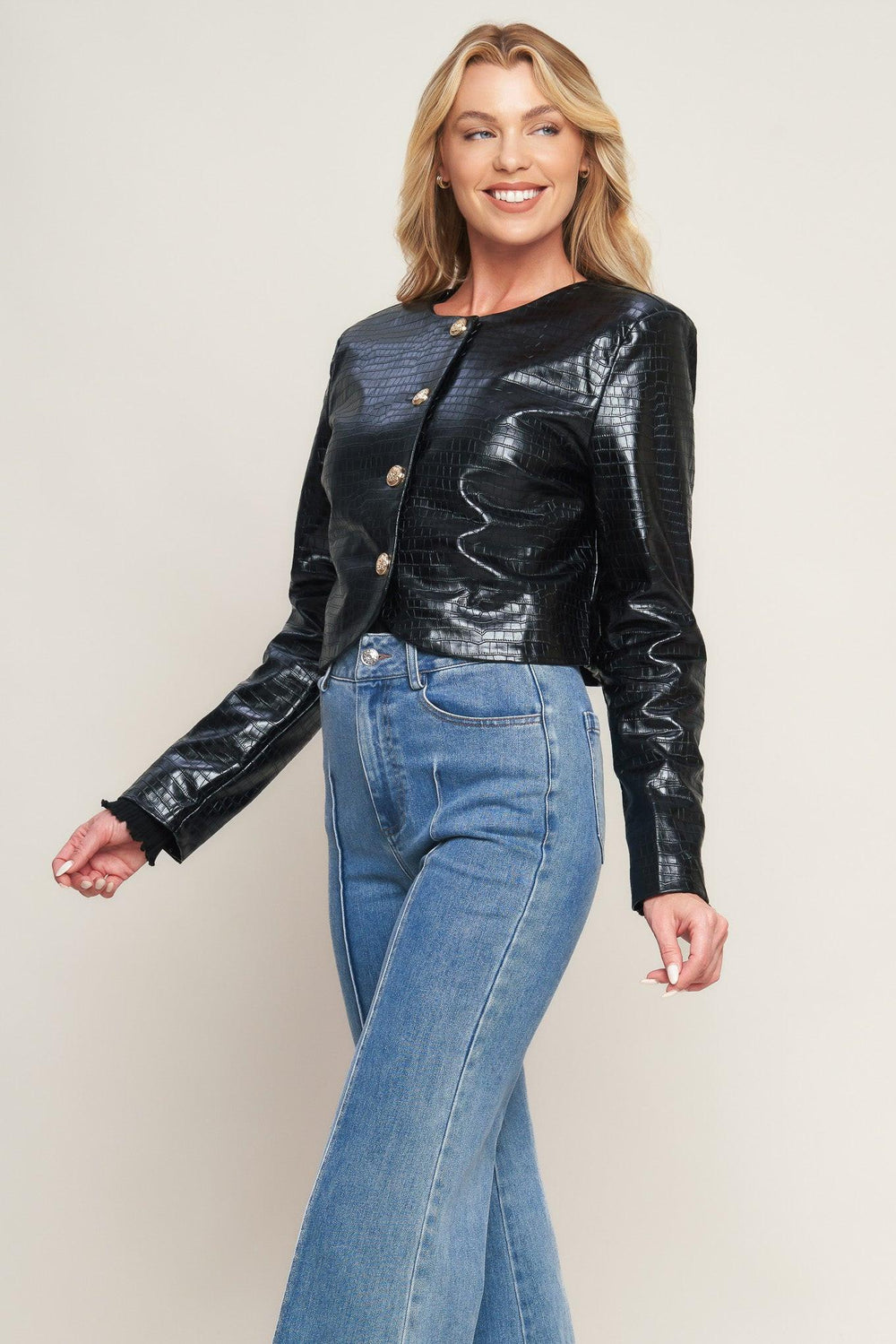 AT THE START FAUX LEATHER BOLERO JACKET.