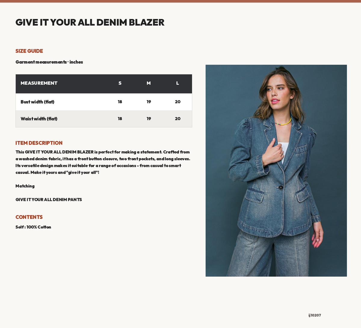 GIVE IT YOUR ALL DENIM BLAZER size chart