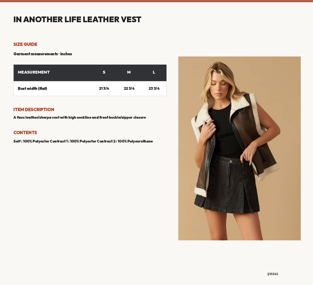 IN ANOTHER LIFE LEATHER VEST size chart