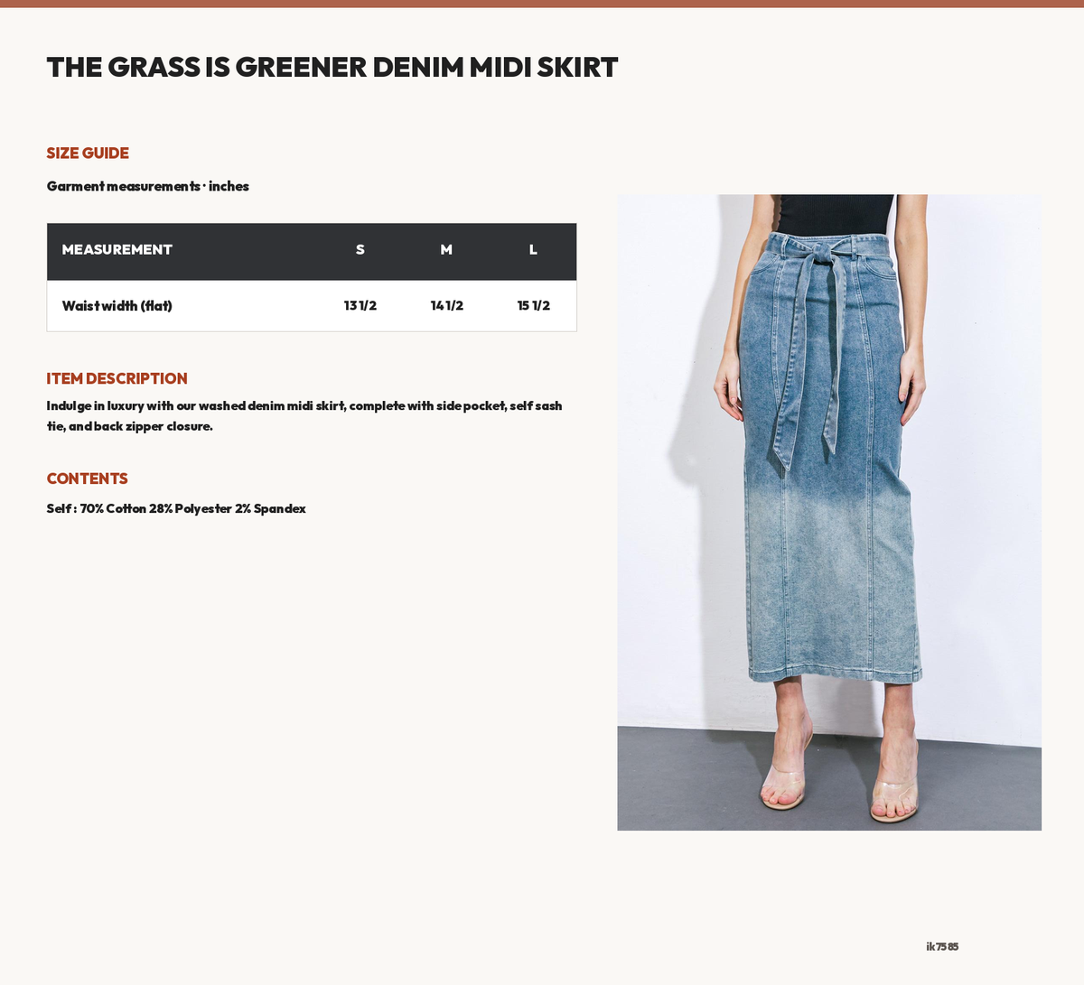 THE GRASS IS GREENER DENIM MIDI SKIRT size chart